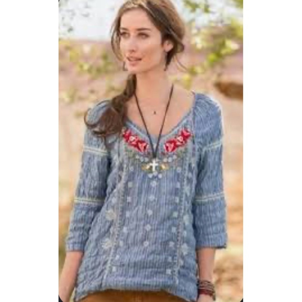Johnny Was 3J Workshop Blue Striped Floral Embroidered Tunic Top Small